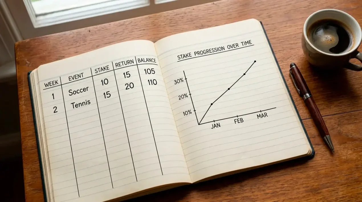 Bankroll progression chart with bet sizing zones and drawdown markers for an NFL betting season