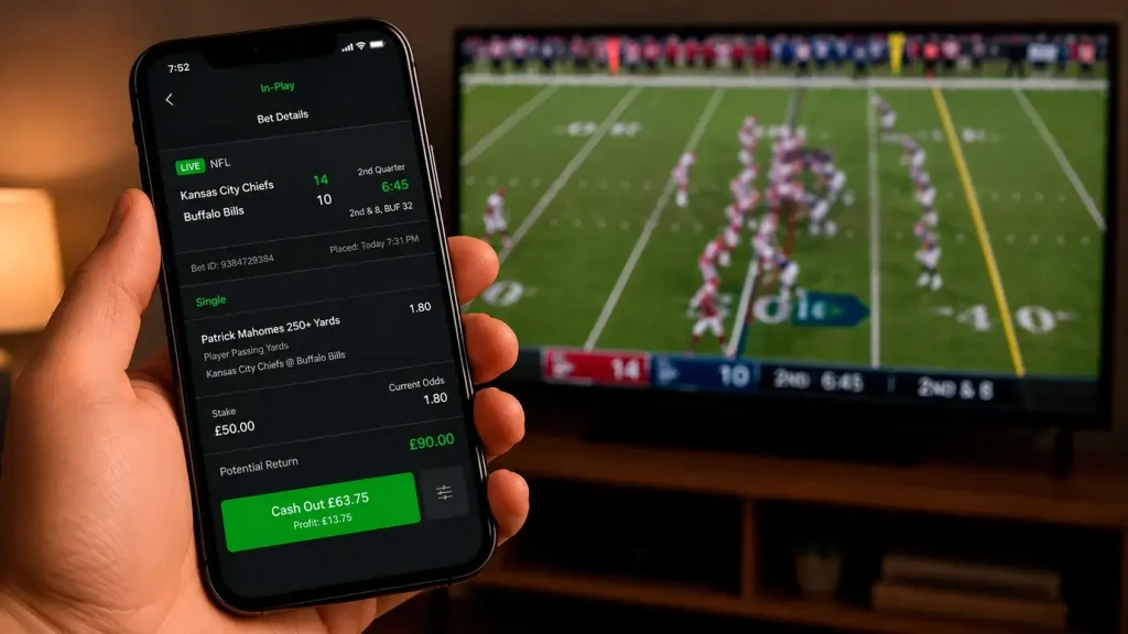 Mobile phone showing a cash out offer on an in-play NFL bet