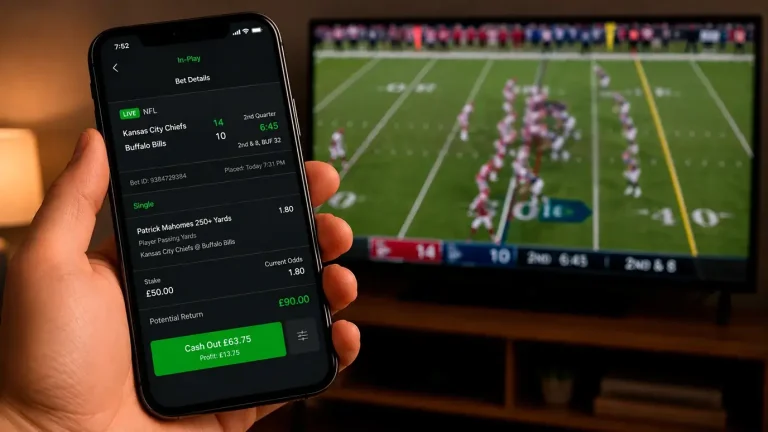Mobile phone showing a cash out offer on an in-play NFL bet