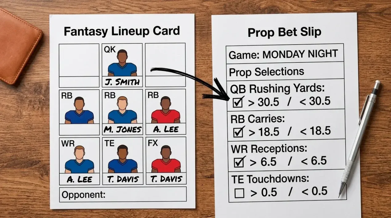 Fantasy lineup card overlaid with sportsbook prop ticket and skill-transfer arrows