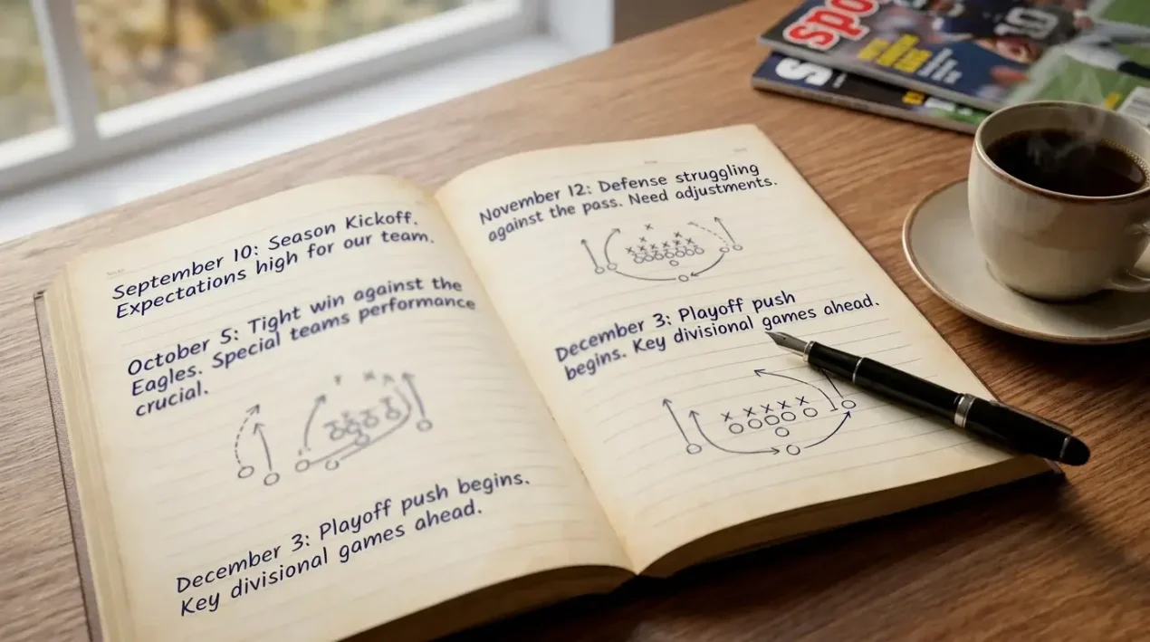 Open paper diary with handwritten NFL season notes beside a fountain pen on a wooden desk