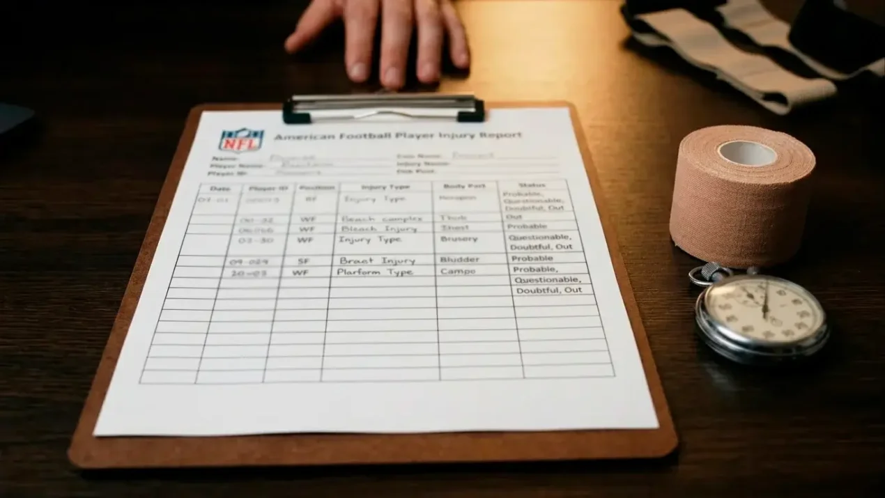 Clipboard with NFL injury designations and a stopwatch on a desk