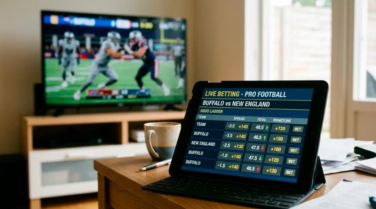 Live game broadcast with shifting in-play odds ladder and bet ticket annotations
