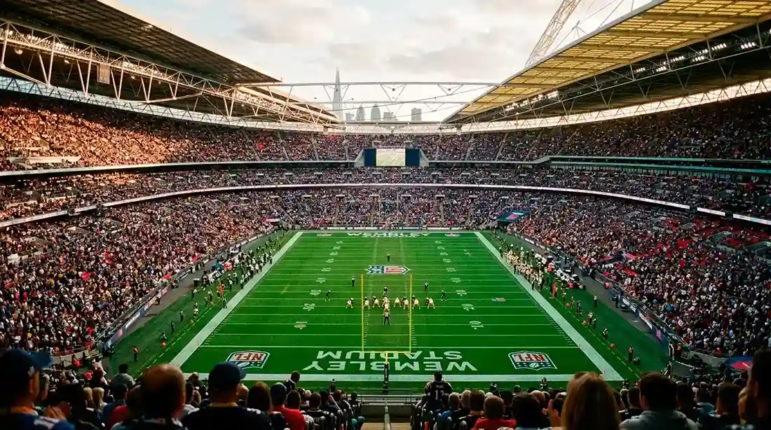 Wembley Stadium full of fans during an NFL London Game at golden-hour kick-off