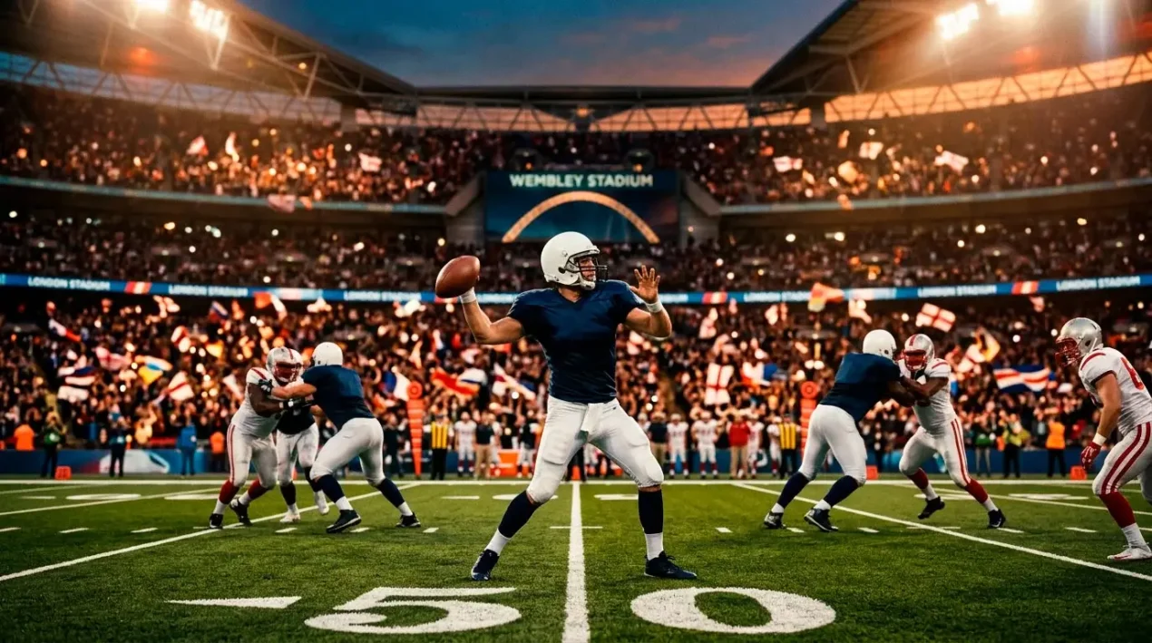 American football quarterback on the field during an NFL London Game at a packed UK stadium under floodlights