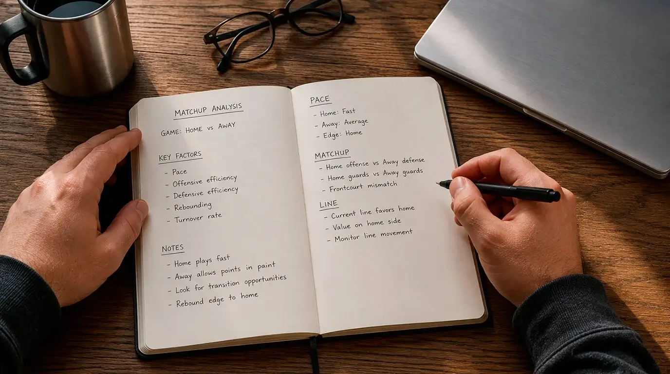 Sports analyst reviewing handwritten NFL matchup notes and a simple line chart in a notebook on a wooden desk