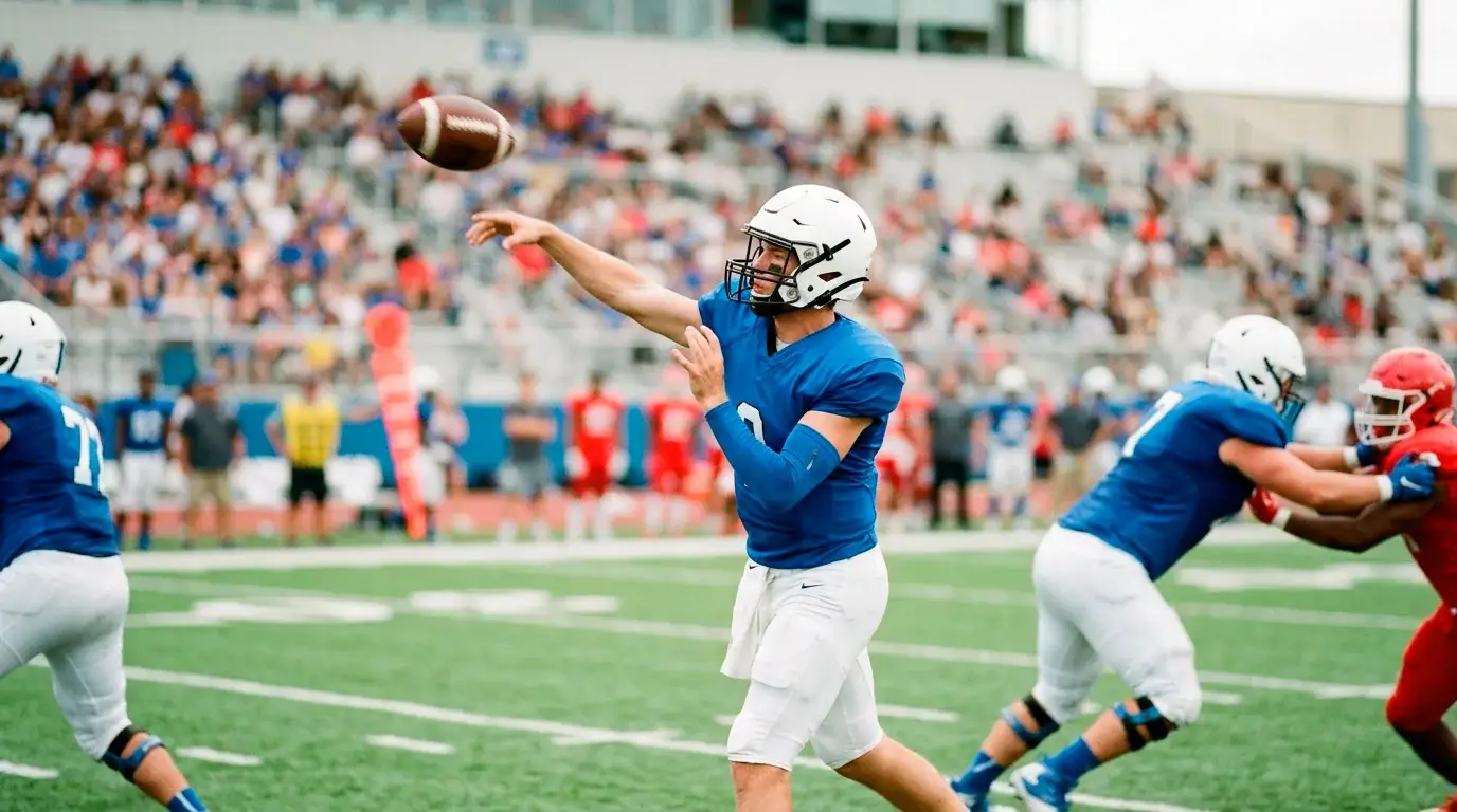 NFL quarterback in a blue jersey releasing a forward pass during a regular-season American football game
