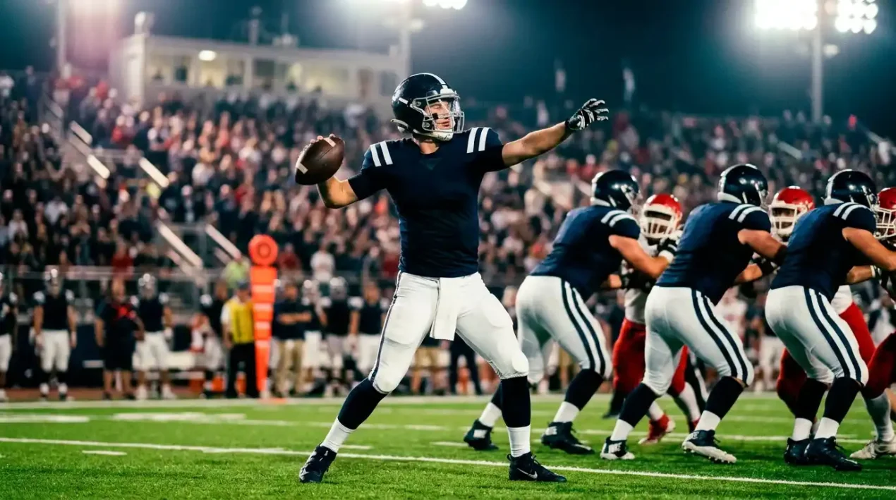 NFL quarterback releasing a pass with stadium crowd blurred behind in a moody floodlit scene