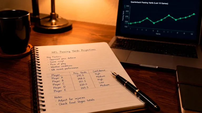 Notebook with passing yardage projections beside an open laptop showing odds