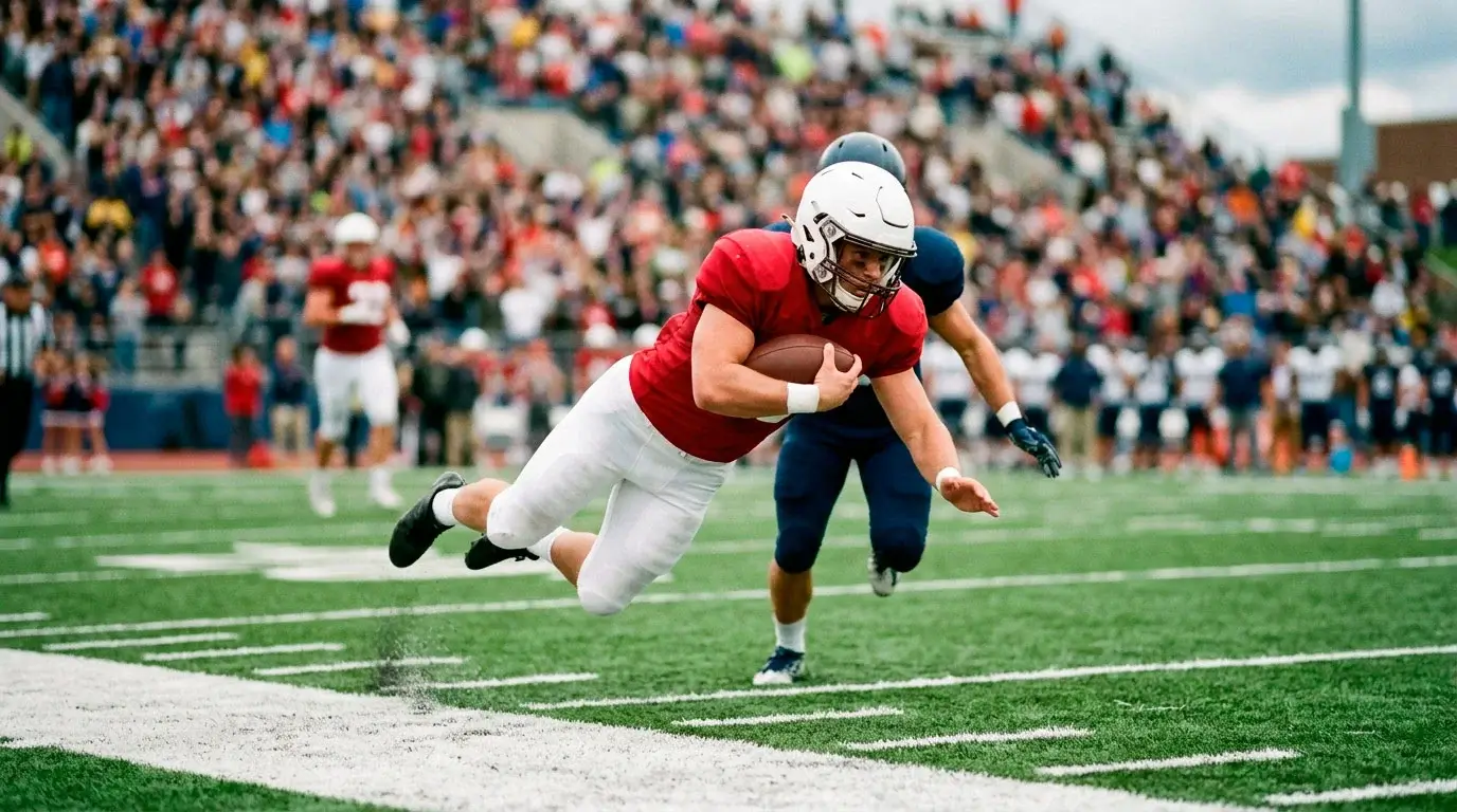 American football running back diving over the goal line into the end zone to score a rushing touchdown