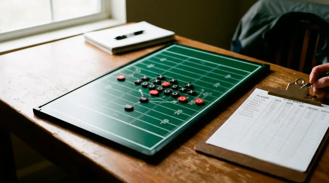 Running back jersey numbers on a tactical board with stake notes