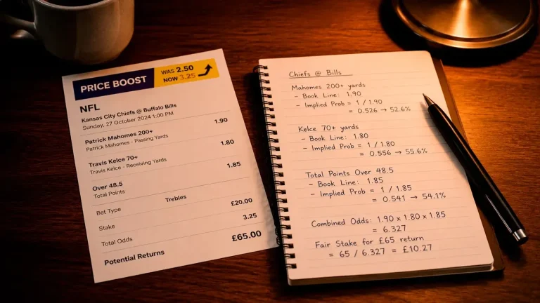 Printed NFL price boost slip on a wooden desk beside handwritten odds notes