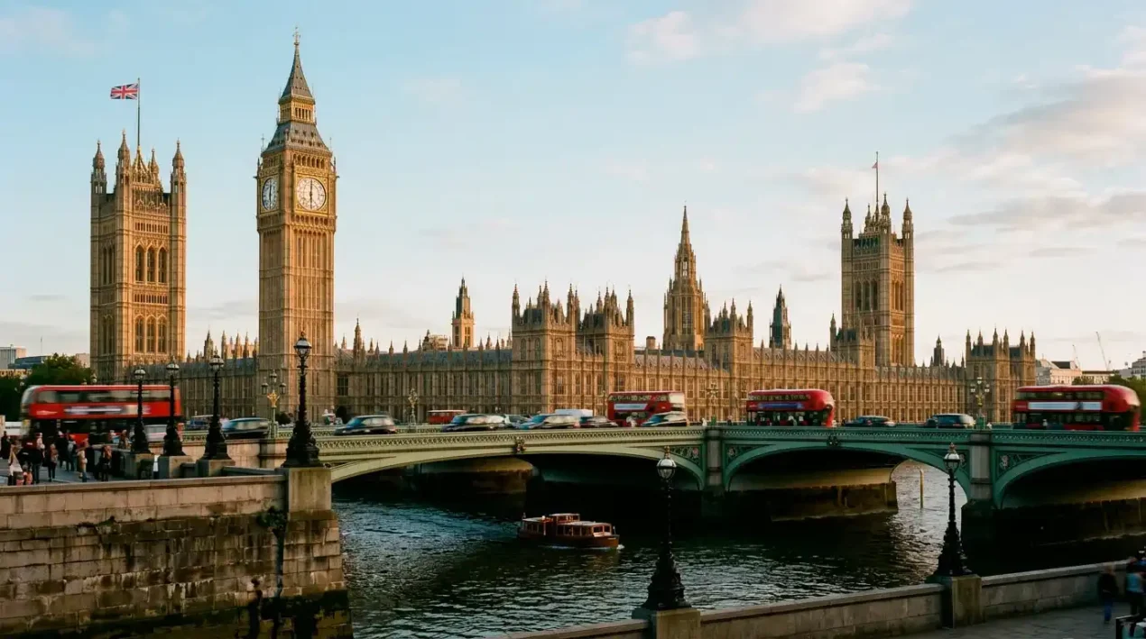 Westminster facade in soft afternoon light with the Union Jack flying