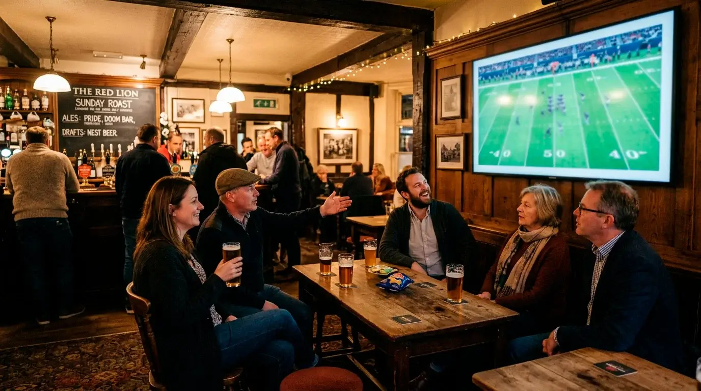 British NFL fans gathered in a London pub watching a Sunday evening NFL broadcast on a large screen
