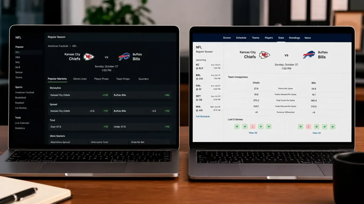 Split-screen of a UK and US sportsbook NFL prop page side by side